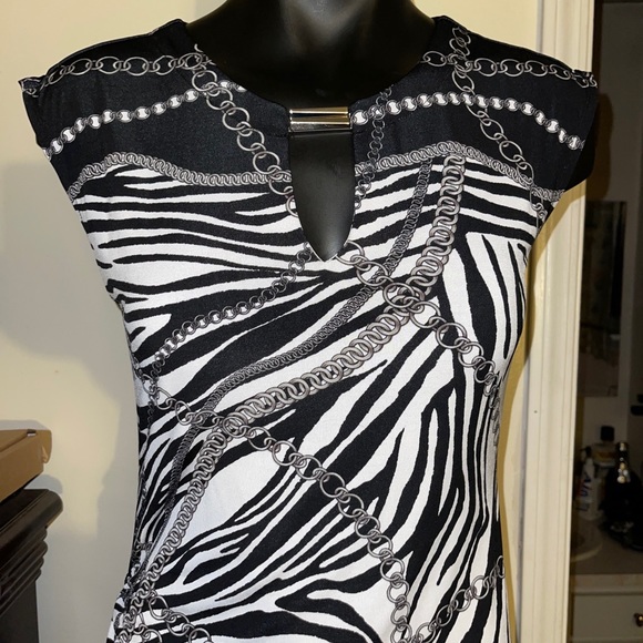 Cache M Zebra Chain Print Black White Gray Stretch Knit Top Ruched Tie Side - Picture 2 of 12